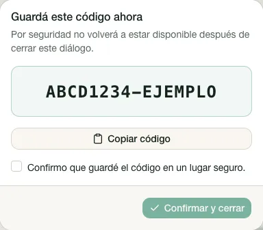 Código de acceso generado y visible por única vez.