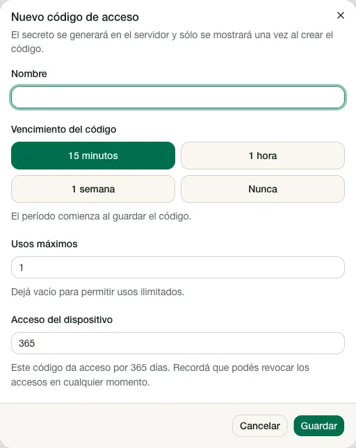Formulario completo para crear un código de acceso.