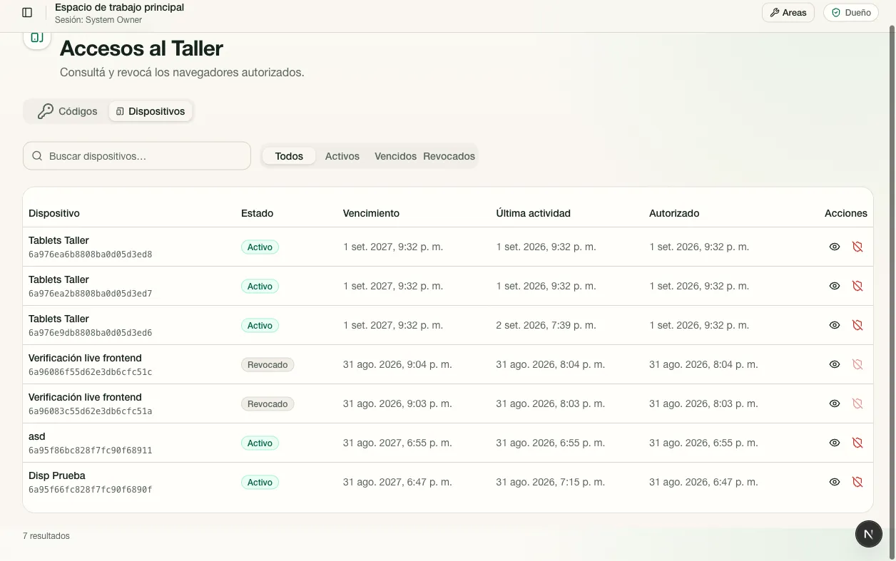 Listado de dispositivos autorizados con filtros, estados y fechas.