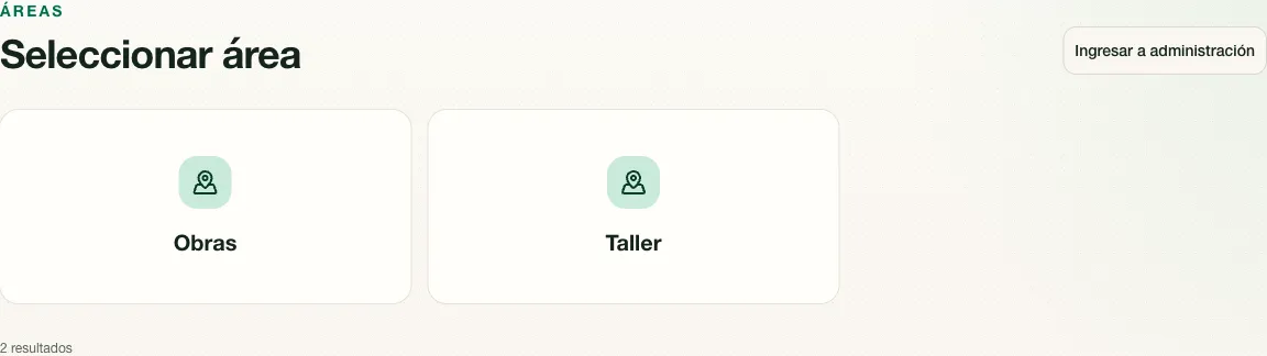 Pantalla que aparece después de autenticar el dispositivo para seleccionar un área.