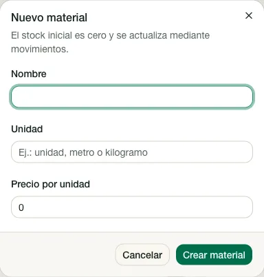 Formulario para crear un material.