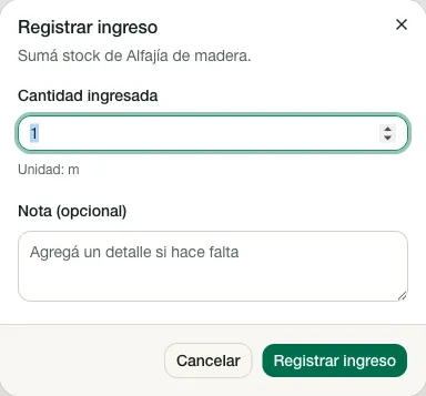 Formulario para registrar el ingreso inicial de stock.
