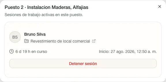 Detalle de un puesto con trabajador, proyecto, duración y acceso al proyecto.