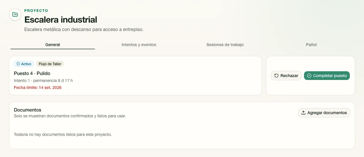 Detalle general de un proyecto con estado, puesto actual, intento, fecha límite y documentos.