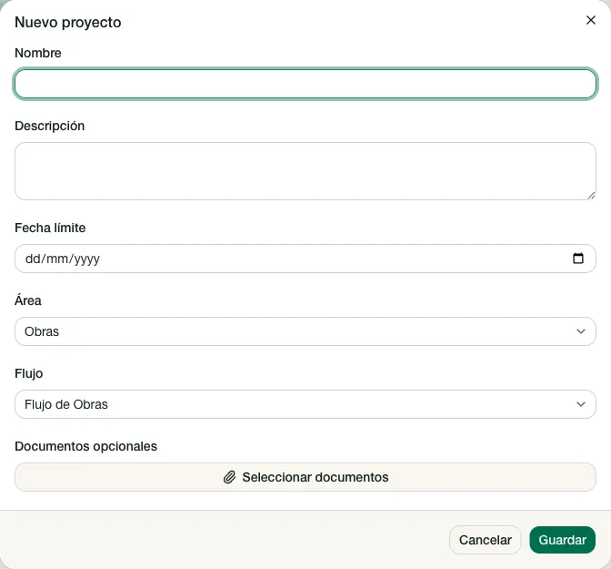 Formulario para crear un proyecto con sus datos principales y documentos opcionales.