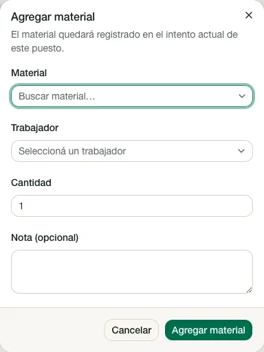 Formulario para asignar un material al proyecto.