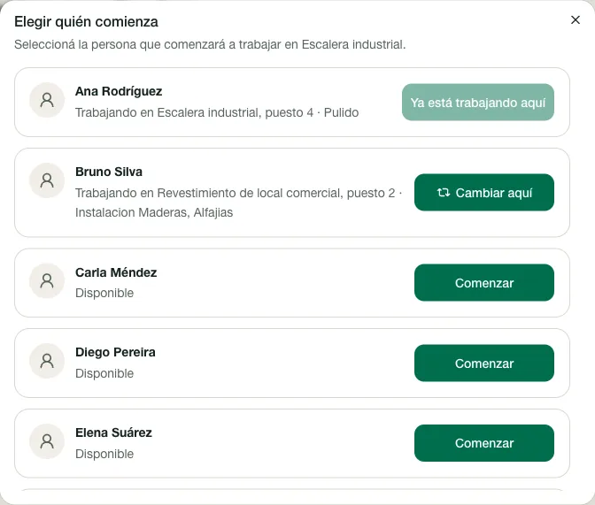 Selección del trabajador que comienza una sesión.