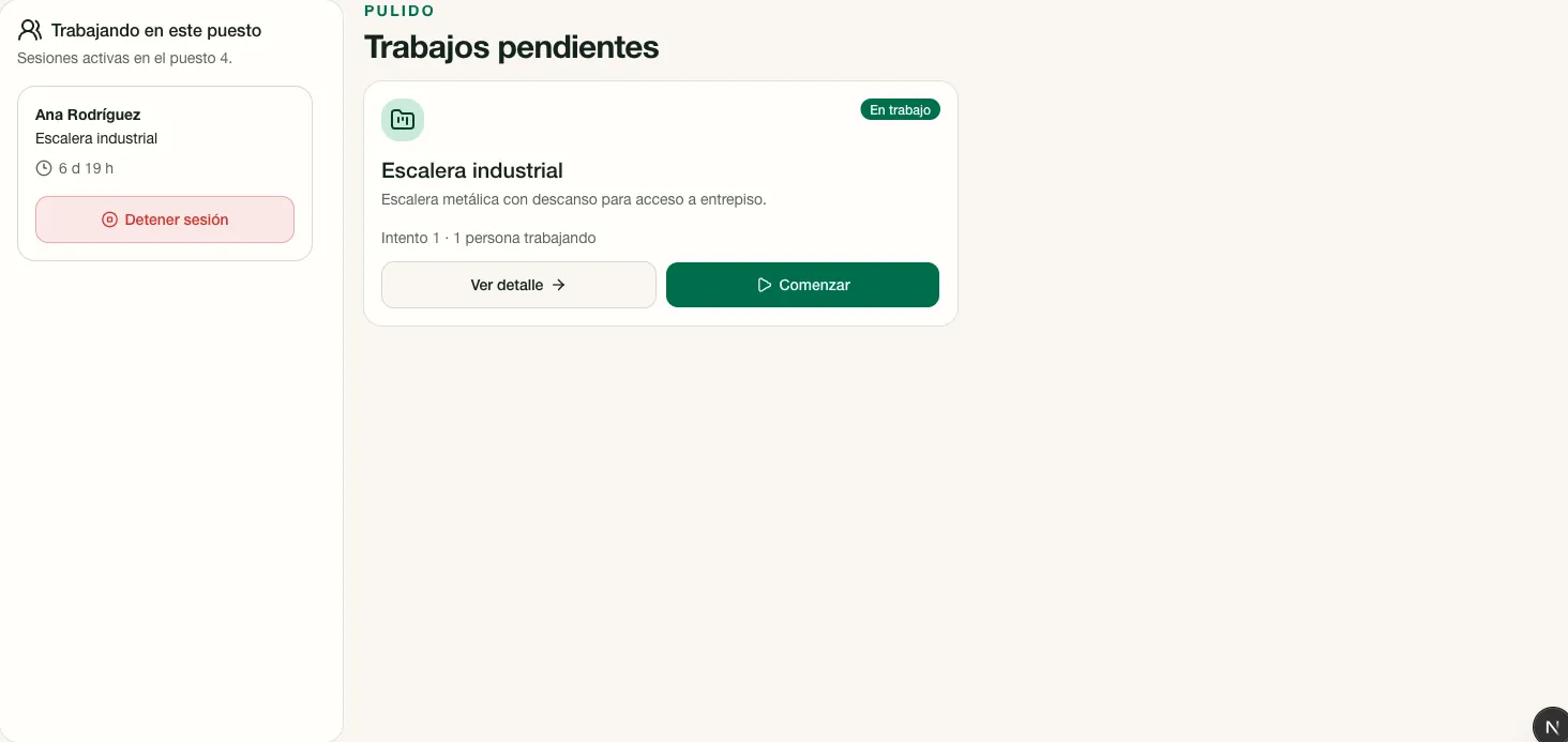 Tablero de un puesto con un proyecto en trabajo y una sesión activa.